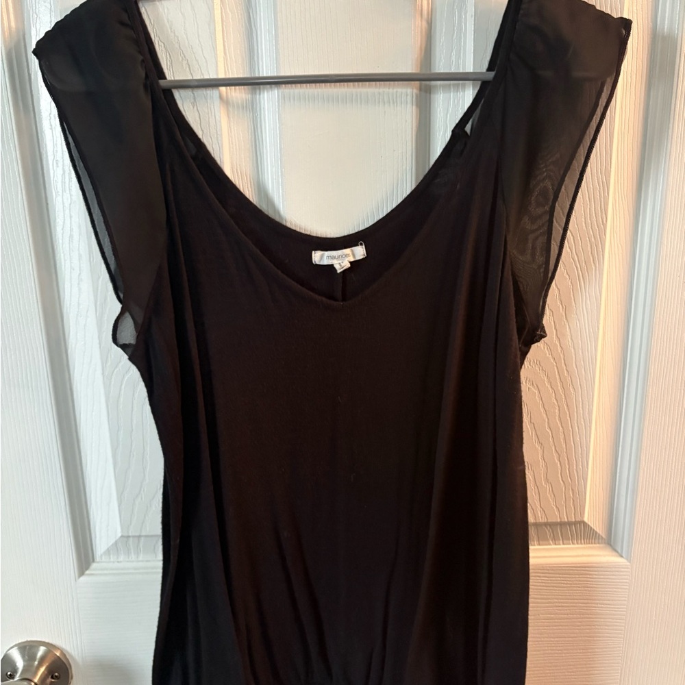 Nautica Black V-Neck Top with Sheer Cap Sleeves